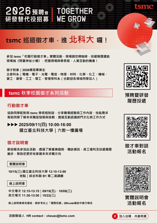 [徵才公告] TSMC 2026預聘暨研發替代役校園徵才，申請日期至2025/10/31止。9/11與10/15有校園徵才說明會，歡迎參加。圖片
