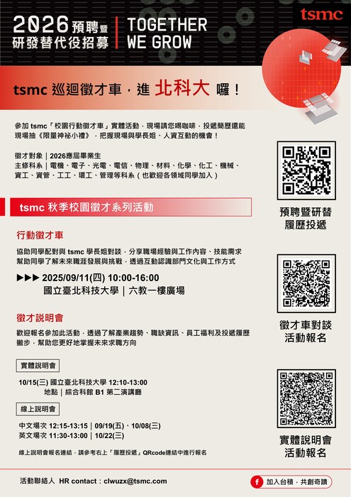 [徵才公告] TSMC 2026預聘暨研發替代役校園徵才，申請日期至2025/10/31止。9/11與10/15有校園徵才說明會，歡迎參加。圖片
